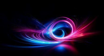 Wall Mural - Abstract artwork featuring vibrant pink and blue light trails swirling in a dynamic, energetic composition against a black background, creating an ethereal glow.  The light appears to be reflecting of