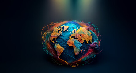 Wall Mural - a vibrant, stylized earth globe, rendered in colorful, low-polygonal style, is encircled by glowing,