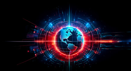 Wall Mural - a glowing digital earth encircled by vibrant red and blue energy streams, symbolizing global connect