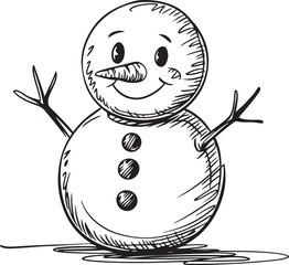 Wall Mural - a cute minimalist vector illustration of a smiling snowman drawn with three black lines and two butt