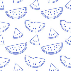 La dolce vita doodles seamless pattern watermelon. Blue on white vector illustration of italian style hand drawn posters. Wall art prints decor, for invitations, menus design.