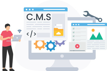 website development process using a cms platform. with a web developer working on a laptop and diffe