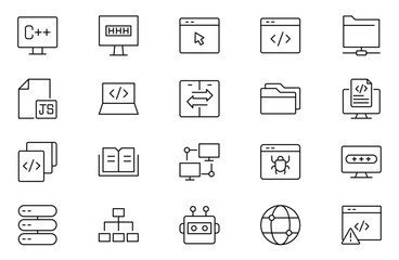 Programming coding set of web icons in line style. Software development icons for web and mobile app. Code, api, programmer, developer, information technology, coder and more. Vector illustration