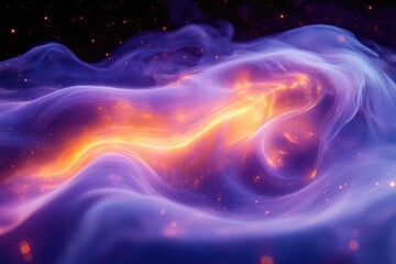 Aufkleber - Abstract cosmic artwork depicting swirling nebulae with vibrant orange and purple hues, interspersed with glittering particles.
