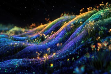 Aufkleber - Glowing, bioluminescent plants illuminate rolling hills under a starry night sky.
