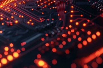Leinwandbilder - Close-up of a circuit board with glowing red lights, showcasing intricate electronic pathways and components.