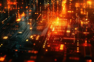 Aufkleber - Abstract glowing circuit board, futuristic technology, digital network, orange and black hues.
