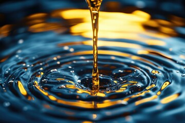 Poster - Golden liquid drops into dark blue water, creating mesmerizing concentric ripples and reflections.