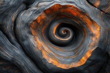 Aufkleber - A mesmerizing spiral pattern in dark grey and orange rock, showcasing nature's intricate artistry.