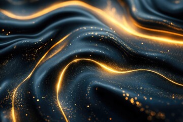 Aufkleber - Abstract dark blue fabric with golden light trails and shimmering particles, creating a luxurious and elegant visual.