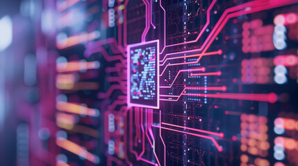 Wall Mural - digital core: a vibrant macro shot of a computer microchip, its intricate circuits and pathways illu