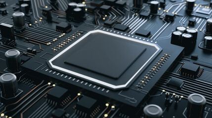 Wall Mural - innovation at its core: a sleek, modern computer chip, radiating technological prowess, a symbol of 