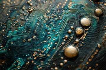 Leinwandbilder - Close-up of a circuit board's intricate pathways and components, showcasing its complex design.