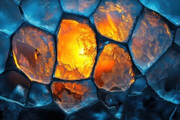 Aufkleber - Intricate ice patterns, glowing orange and blue hues create a mesmerizing abstract image.
