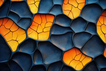 Poster - Abstract 3D render of interconnected organic shapes in vibrant orange and dark blue, creating a mesmerizing pattern.