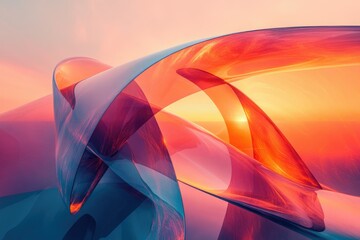Poster - Abstract artwork featuring vibrant orange and blue glass-like forms intertwining against a sunset backdrop.