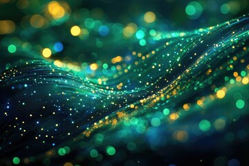 Aufkleber - Abstract green and gold bokeh waves with glittering particles, creating a luxurious and magical effect.