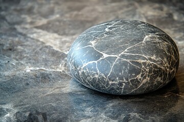 Aufkleber - A smooth, dark gray stone with white veining rests on a matching surface.