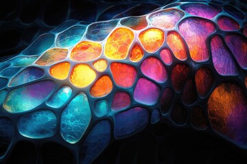 Poster - Abstract vibrant image of interconnected, glowing, colorful organic shapes resembling a cellular structure.
