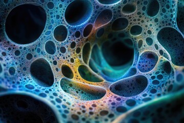 Poster - Abstract 3D render of a colorful, porous, network structure resembling a sponge or coral.