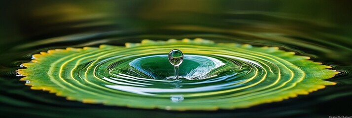 Leinwandbilder - Water droplet creating concentric ripples on a green leaf in calm water.