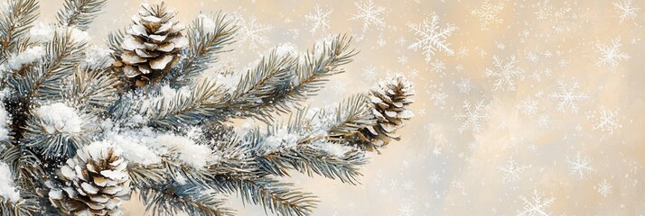 Aufkleber - Snowy pine branch with cones against a soft beige background with snowflakes.