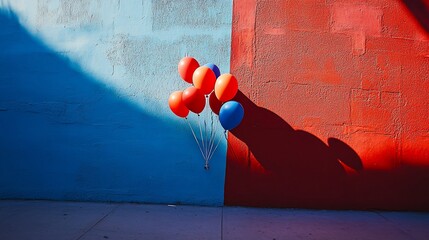 Aufkleber - Colorful balloons against a blue and red wall in sunlight.