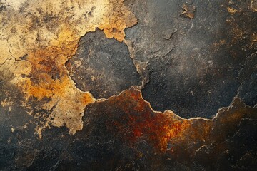 Leinwandbilder - Abstract dark textured background with cracked and weathered surface showing golden and rusty hues.