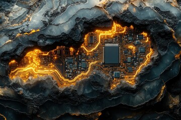 Leinwandbilder - A glowing circuit board embedded within a dark, textured rock, suggesting technology unearthed or hidden within nature.