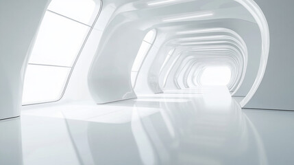 Poster - Abstract white futuristic tunnel interior with glowing end and large windows.