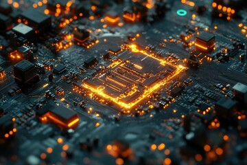 Leinwandbilder - Close-up of a glowing circuit board, showcasing intricate electronic components and pathways.