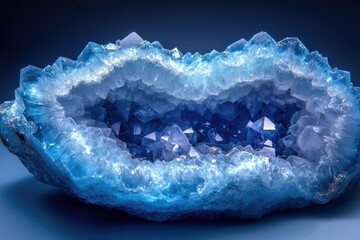 Poster - A mesmerizing geode filled with vibrant blue crystals, showcasing intricate formations and sparkling facets.