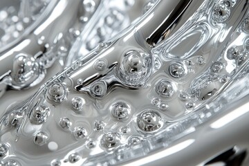 Poster - Close-up of a metallic liquid surface with air bubbles, showcasing its reflective and flowing texture.