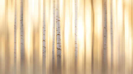 Poster - Abstract blurred image of birch trees in a forest at sunset, showing vertical lines of light and shadow.