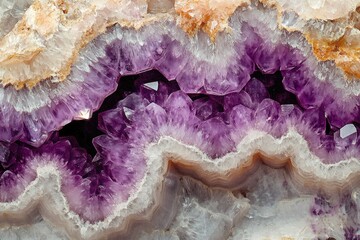 Aufkleber - Stunning amethyst geode with vibrant purple crystals and creamy white banding, a captivating natural wonder.
