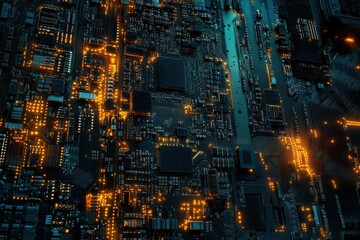Poster - A complex circuit board glows with orange lights, showcasing intricate technological design and connectivity.