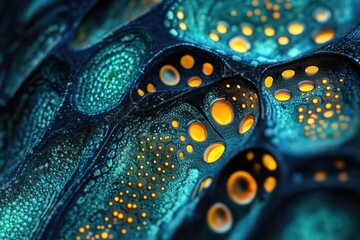 Fototapete - Abstract close-up of a bioluminescent, cavernous structure with glowing orange orbs in a teal matrix.