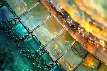 Poster - Close-up of a mosaic artwork featuring vibrant teal and gold glass tiles, creating a textured, abstract pattern.
