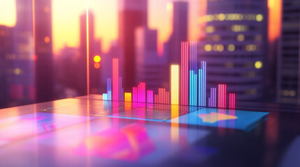 Poster - Vibrant city skyline with holographic financial graphs displayed on a sleek glass surface.