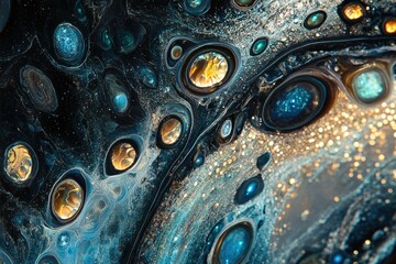 Aufkleber - Abstract fluid art with swirling teal, gold, and black colors creating a mesmerizing cosmic effect.