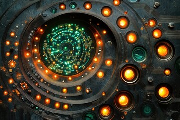 Poster - A futuristic, circular technological device with glowing lights and intricate circuitry, resembling a spaceship control panel or advanced technology.