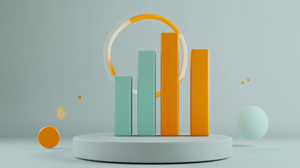 Leinwandbilder - Abstract 3D rendering of bar graph on pedestal with colorful spheres and circle.