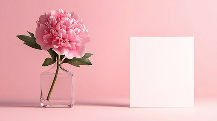 Aufkleber - Pink peony in glass vase with blank card on pink background.