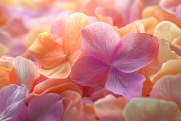 Aufkleber - Close-up of delicate pastel-colored hydrangea petals, soft lighting, floral beauty.