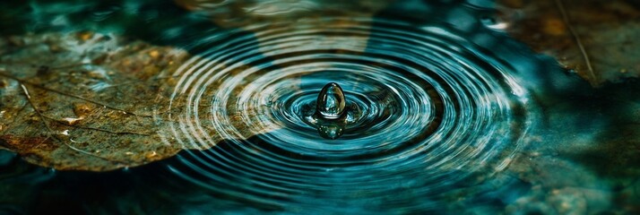 Aufkleber - Close-up of water droplet creating concentric ripples on a dark teal surface, surrounded by autumn leaves.