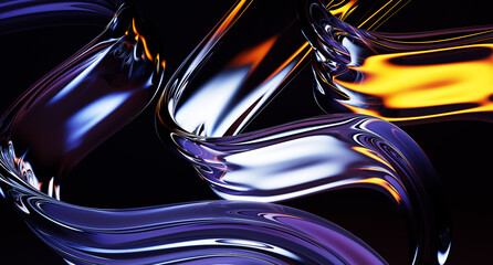 Wall Mural - 3d abstract liquid glass transparent wave streams on black background. chromatic fluid flow curve sh