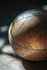Poster - Close-up of a weathered, spherical object with visible texture and cracks, illuminated by sunlight.