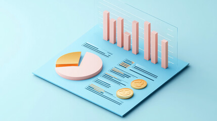 Leinwandbilder - 3D isometric illustration of financial data analysis with pie chart, bar graph, and coins.