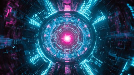 Aufkleber - Futuristic neon tunnel with vibrant pink and blue lights, complex circuitry, and a bright central core.