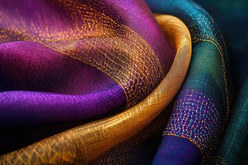 Poster - Luxurious draped fabric in purple, gold, and teal hues with shimmering golden threads.